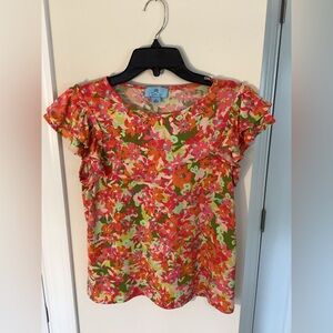 CeCe Women’s Crew Neck Double Ruffle Sleeve Top, floral pattern, XS